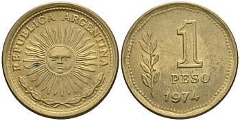 Аргентина 1 песо 1974 майское солнце KM 69, CJ 326, Schon 69 алюминиевая бронза    60-1051
