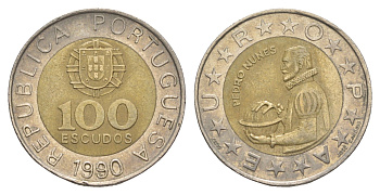 Португалия 100 эскудо 1990 Педру Нуниш (1502-1578), математик KM 645 биметалл 4514-223