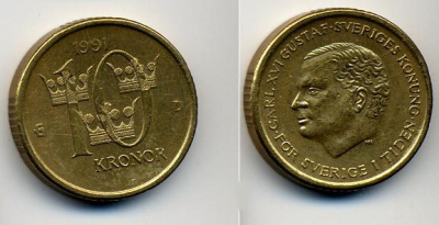 Швеция 10 крон 1991 Карл XVI Густав (1973- ) KM 877 медь алюминий цинк 35-1247