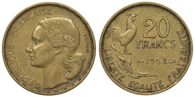 Франция 20 франков 1952 петух, 4 пера KM 917.1, Le Franc 402.9 алюминиевая бронза 4128-536