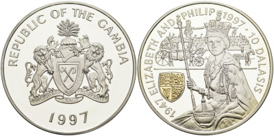 Гамбия 10 даласи 1997 50 лет (золотая) свадьба Елизаветы и Филиппа, позолота KM 63а серебро PROOF 11-326-22