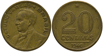 Бразилия 20 сентаво 1946 Жетулиу Варгас KM 556a алюминиевая бронза 4567-834
