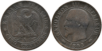 ФРАНЦИЯ 5 САНТИМОВ 1855 А, НАПОЛЕОН III (1852-1870) KM 777.1, LE FRANC 116.17 бронза 28-924