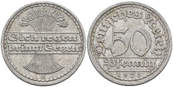 ГЕРМАНИЯ 50 ПФЕННИГОВ 1922 G KM 27, J. 301, Weege 10 алюминий 261-751
