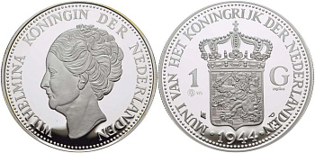 НИДЕРЛАНДЫ МЕДАЛЬ ND 1 ГУЛЬДЕН 1944, ВИЛЬГЕЛЬМИНА, ДИАМЕТР 45 ММ., ВЕС 31,33 ГР. серебро PROOF 00-00
