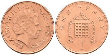 Великобритания 1 пенни 1999 Елизавета II (1952-2022) KM 986, Spink 4710 (B5) сталь плакированная медью 4588-554
