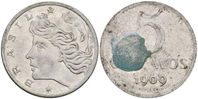 Бразилия 5 сентаво 1969  голова свободы влево KM 577.2, Schon 82a нержавеющая сталь 87-427