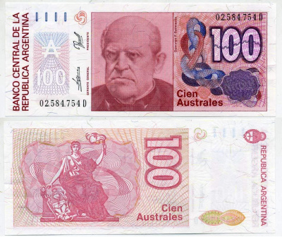 АРГЕНТИНА 100 АУСТРАЛЕЙ 1990 СЕРИЯ D 02584, Фаустино Сармьенто, Аргентинский военный деятель, масон Pick 327с бумага UNC (ПРЕСС) 6294-25-3