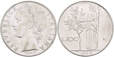 ИТАЛИЯ 100 ЛИР 1968 R, АФИНА У ОЛИВКОВОГО ДЕРЕВА KM 96.1 нержавеющая сталь 4545-641