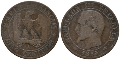 ФРАНЦИЯ 5 САНТИМОВ 1954 А, НАПОЛЕОН III KM 777.1 бронза 67-116