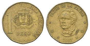 Доминиканская Республика (Доминикана) 1 песо 1993 Хуан Пабло Дуарте KM 80.2 латунь 4663-915