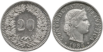 ШВЕЙЦАРИЯ 20 РАППЕНОВ 1983 KM 29а медно-никель 4539-633
