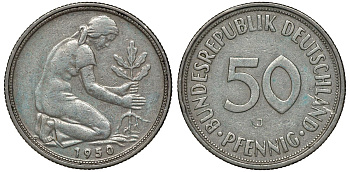 ФРГ 50 ПФЕННИГОВ 1950 J KM 109.1, J. 384 медно-никель 72-1019