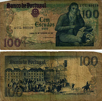 ПОРТУГАЛИЯ 100 ЭСКУДО 1981 24 ФЕВРАЛЯ 1981, МАНУЭЛЬ МАРИЯ БАРБОЗА ДУ БОГАЖЕ ПОРТУГАЛЬСКИЙ ПОЭТ, 19 ВЕК ПЛОЩАДЬ РОССИО В ЛИССАБОНЕ Pick 178b бумага 6289-28-3-2