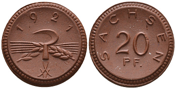Саксония 20 пфеннигов 1921 колосья и серп J. N 53 фарфор UNC 1094-9-53
