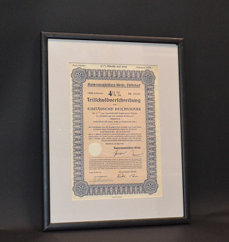 Германия, Mannesmannr?hren 4,5% облигация в 1000 марок 1940 в рамке со стеклом бумага 57-1-19