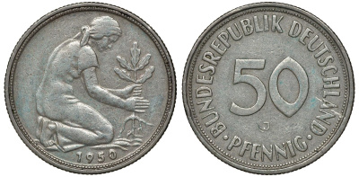 ФРГ 50 ПФЕННИГОВ 1950 J KM 109.1, J. 384 медно-никель 72-1019