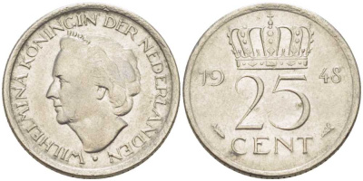 НИДЕРЛАНДЫ 25 ЦЕНТОВ 1948 ВИЛЬГЕЛЬМИНА (1890-1948) KM 177 никель 211-624
