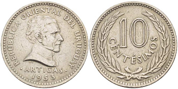 УРУГВАЙ 10 СЕНТЕСИМО 1953 ХОСЕ ХЕРВАСИО АРТИГАС KM 55 медно-никель 210-1034
