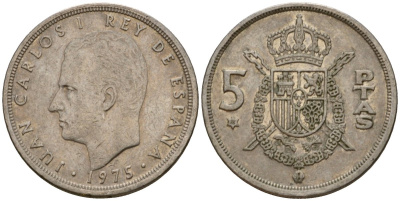 Испания 5 песет 1975 (76) Хуан Карлос I (1975-2014) KM 807 медно-никель 186-1055