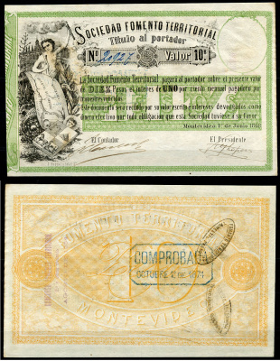 Уругвай, Монтевидео 10 песо 1868 мальчик, карта, № 20923 Pick S481  бумага  451-169-1