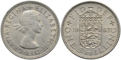 Великобритания 1 шиллинг 1963 Елизавета II (1952-2022), Английский герб KM 904, Spink 4147 медно-никель 4171-625