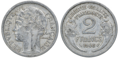 Франция 2 франка 1946 KM 886а.1, Le Franc 269.8 алюминий 4163-655