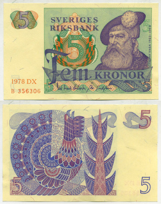Швеция 5 крон 1978 DX, Густав I Ваза Pick 51d бумага aUNC 444-87-1