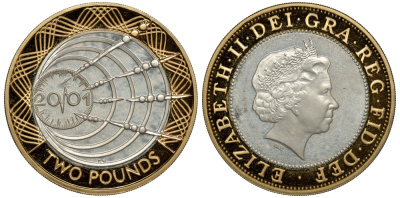 Великобритания 2 фунта 2001 Елизавета II (1952-2022), столетие трансатлантическому радио KM 1014a, Spink 4572 (K11) серебро PROOF 603-1322