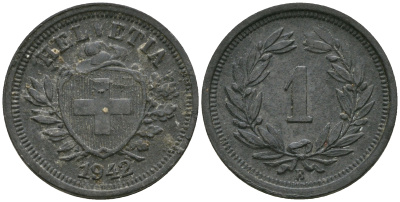 Швейцария 1 раппен 1942 В KM 3а цинк 08-1324