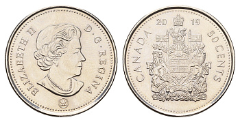 Канада 50 центов 2019 Елизавета II (1952-2022), герб KM 494 сталь плакированная никелем UNC 4678-1224