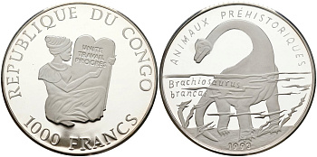 Конго 1000 франков 1993 серия доисторические животные, брахиозавр KM 14 серебро PROOF 04-318-42
