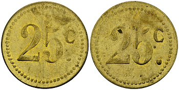 Франция 25†сантимов XIX-XX век ресторанный жетон латунь 4166-1053