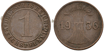 Германия 1 рейхспфенниг 1936 D KM 37, J. 313 бронза 4549-859