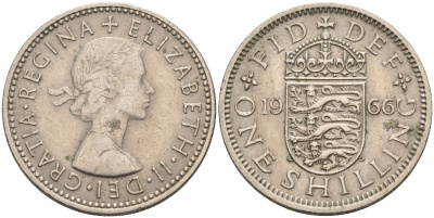 Великобритания 1 шиллинг 1966 Елизавета II (1952-2022), Английский герб KM 904, Spink 4147 медно-никель    4595-855