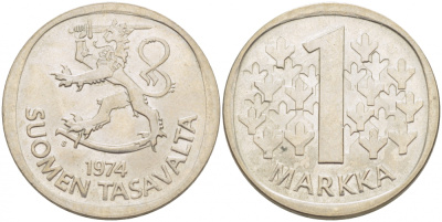 ФИНЛЯНДИЯ 1 МАРКА 1974 S KM 49а медно-никель UNC 3718-916