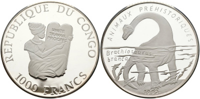 Конго 1000 франков 1993 серия доисторические животные, брахиозавр KM 14 серебро PROOF 04-318-42