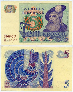 Швеция 5 крон 1966 CU, Густав I Ваза Pick 51a бумага aUNC 2192-13-3