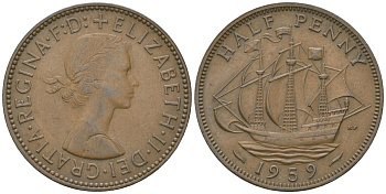 Великобритания 1/2 пенни 1959 Елизавета II (1952-2022) KM 896, Spink 4158 бронза 4163-1155