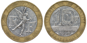 Франция 10 франков 1990 тип Гений Бастилии KM 964.1, Le Frank 375.5 биметалл 45-814