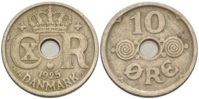 ДАНИЯ 10 ЭРЕ 1925 HCN ; GJ, КРИСТИАН X (1912-1947) KM 822.1 медно-никель 4392-1224