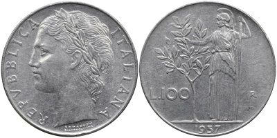 Италия 100 лир 1957 R, Афина в доспехах KM 96.1 нержавеющая сталь 4165-143