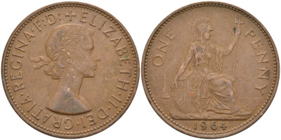Великобритания 1 пенни 1964 Елизавета II (1952-2022) KM 897, Spink 4157 бронза 4574-233
