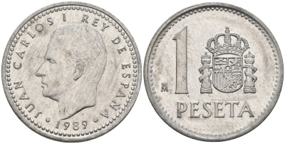 Испания 1 песета 1989 M, Хуан Карлос I (1975-2014) KM 821 алюминий 4448-932