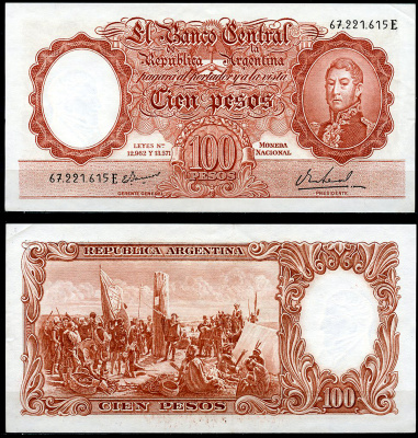 Аргентина 100 песо ND (1967-1969) Генерал Сан Мартин, картина "Основание Буэнос-Айреса" Pick 272 (10)  бумага  аUNC  444-133-3-2