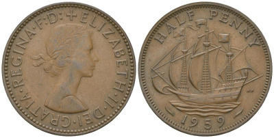 Великобритания 1/2 пенни 1959 Елизавета II (1952-2022) KM 896, Spink 4158 бронза 4163-1155