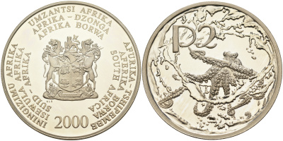 ЮАР 2 ранда 2000 осьминог KM 240 серебро  PROOF  11-170-33