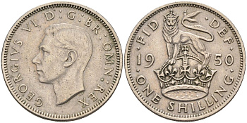 Великобритания 1 шиллинг 1950 Георг VI (1936-1952), Английский герб KM 876, Spink 4108 медно-никель 4126-453