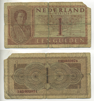 НИДЕРЛАНДЫ 1 ГУЛЬДЕН 1949 8 АВГУСТА 1949, КОРОЛЕВА ЮЛИАНА Pick 72 бумага 6299-24-3-1