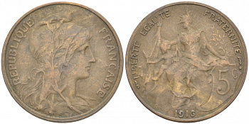 ФРАНЦИЯ 5 САНТИМОВ 1916 ТИП ДАНИЭЛЬ ДЮПЮИ, INCLUS KM 842, LE FRANC 119.29 бронза 77-435